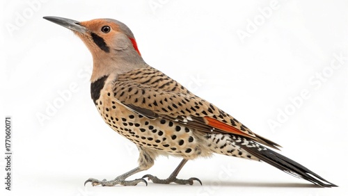 Realistic Northern Flicker woodpecker isolated on white studio background, detailed brown and black spotted plumage, red nape, barred wings, sharp focus, professional lighting