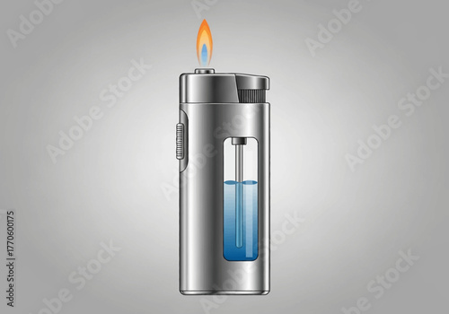 Metallic Lighter with Visible Fuel and Orange Flame.
