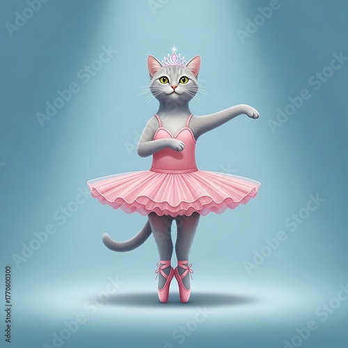 A whimsical image features a gray cat gracefully posed en pointe, wearing a pink tutu, leotard, and tiara under a spotlight