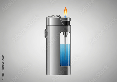 Lit Silver Lighter with Visible Blue Fuel Level.