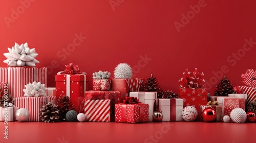 Assorted red gift boxes with ribbons among baubles and bokeh background. Christmas and New Year concept. Design for shopping ads, advertisement or banner with copy space for text.