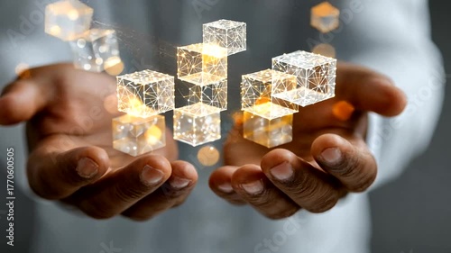 Futuristic Data Visualization with Floating Digital Cube Graphics Over Hands