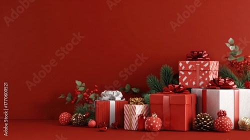 Assorted red gift boxes with ribbons among baubles and bokeh background. Christmas and New Year concept. Design for shopping ads, advertisement or banner with copy space for text.