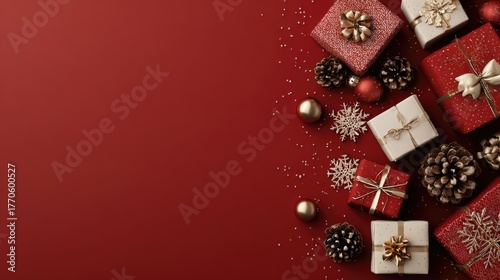 Assorted red gift boxes with ribbons among baubles and bokeh background. Christmas and New Year concept. Design for shopping ads, advertisement or banner with copy space for text.