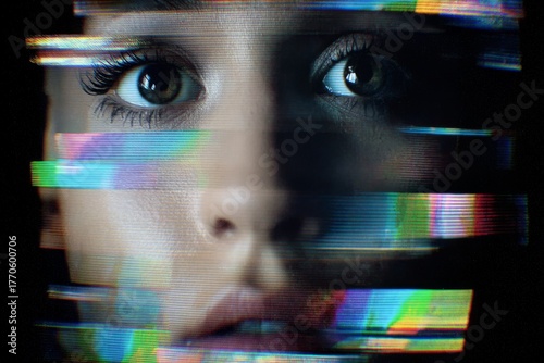 Close up of a woman's face showing distorted eyes and colorful horizontal video signal interference.