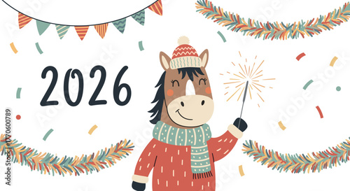 New Year 2026 greeting card design with cartoon horse celebrating with sparkler and decorations