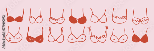 Vector hand-drawn set of different bra illustrations in minimal doodle style. Feminine and playful line art design, perfect for lingerie branding, packaging, patterns, or poster projects.