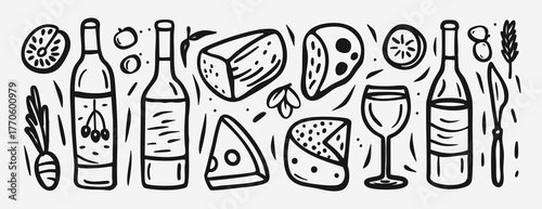 Vector set with doodle bottles of wine, cheese, olives, and glasses. Hand-drawn line art design for cafe branding, packaging, menu background, or wrapping paper.