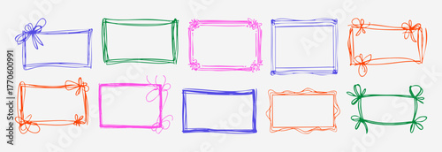 Set of whimsical hand-drawn frames with wavy squiggle curly ribbons in trendy, vintage styles. Vector playful border frames for trendy invitations, cards