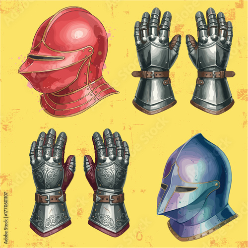 Artistic illustration of medieval gauntlets and helmets combined on a vintage yellow background, ideal for fantasy concept art or game design.