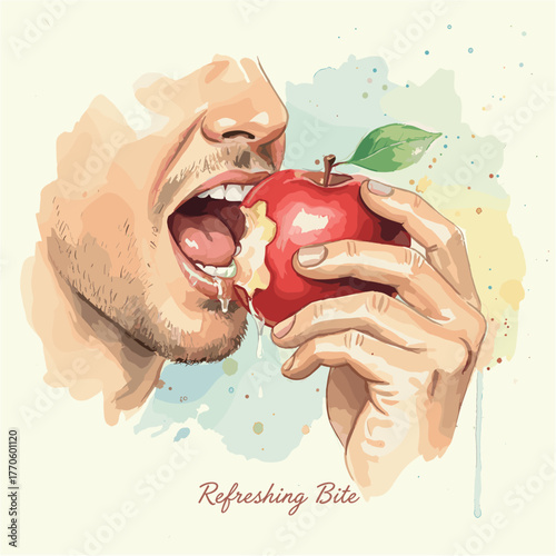 Watercolor portrait of a man biting a red apple. Expressive, fresh, and dynamic artwork symbolizing energy and vitality.