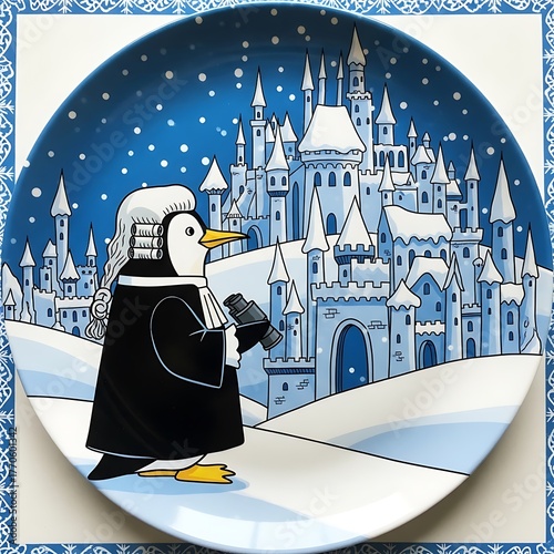 A whimsical plate features a penguin in a judge's robe holding binoculars, with a snowy castle backdrop