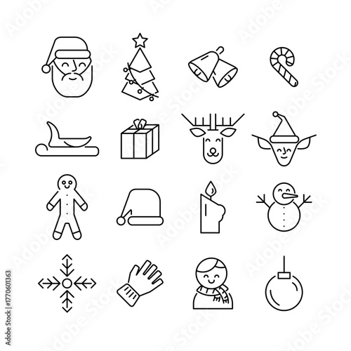 Set of Christmas and Happy New Year icons. Collection of Christmas icons. Winter, Santa, Tree, Presents, Snowflakes, Holiday. Vector illustration.
