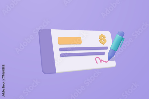 3D bank cheque with pen, fund transfer, business invoice bill, banking payment receipt. Composition with financial annual accounts, calculating and paying invoice. 3d icon vector render illustration