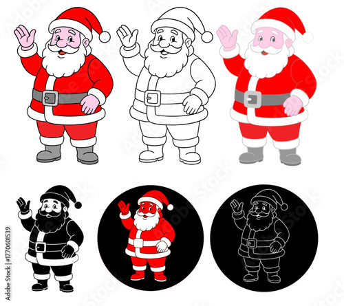babbo natale che saluta, disegni con e senza contorno,  set con versioni ad icone 