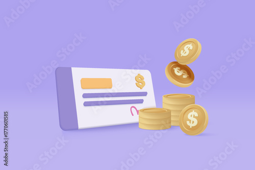 3D bank cheque with money coin fund transfer, banking payment receipt. Composition with financial annual accounts, calculating and paying business invoice. 3d cheque icon vector render illustration