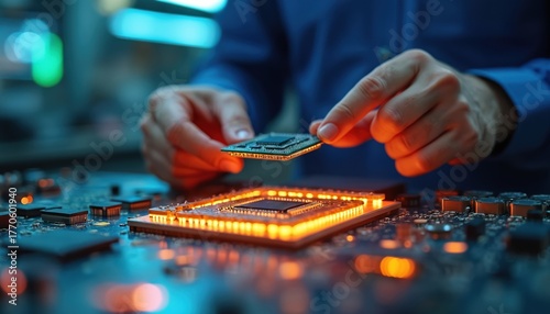 Technician holds processor above circuit board. Man works in tech laboratory with motherboard, microchips. Engineer checks hardware, tests computer electronics for performance, quality. Server