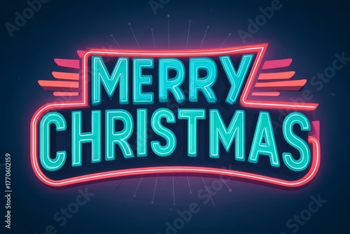 Neon sign displays 'Merry Christmas' in teal letters with a red border on a dark background