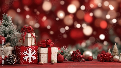 Assorted red gift boxes with ribbons among baubles and bokeh background. Christmas and New Year concept. Design for shopping ads, advertisement or banner with copy space for text.