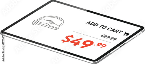 Tablet displaying a shoe product page with add to cart option and discounted price of forty nine ninety nine