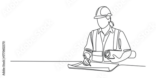 Continuous line drawing of a construction worker in protective gear reviewing blueprints vector