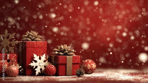 Assorted red gift boxes with ribbons among baubles and bokeh background. Christmas and New Year concept. Design for shopping ads, advertisement or banner with copy space for text.