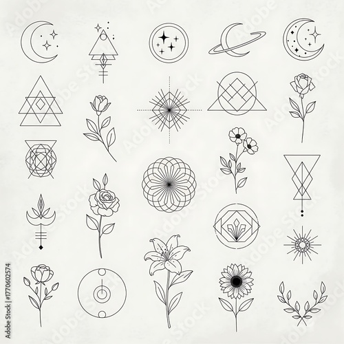 Minimalist Fine-Line Tattoo Flash Collection with Celestial and Botanical Designs