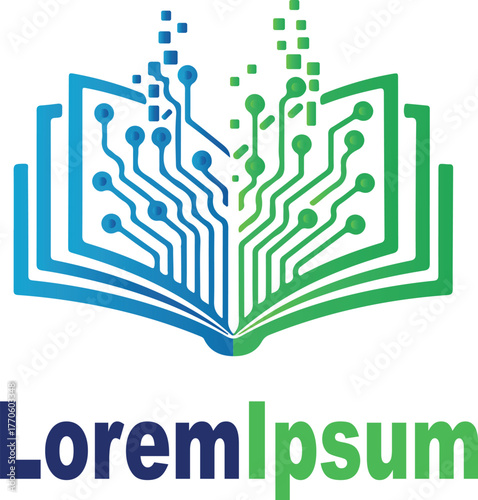 Digital Circuit Board Book Logo. E-learning, technology education, and innovative knowledge transfer branding