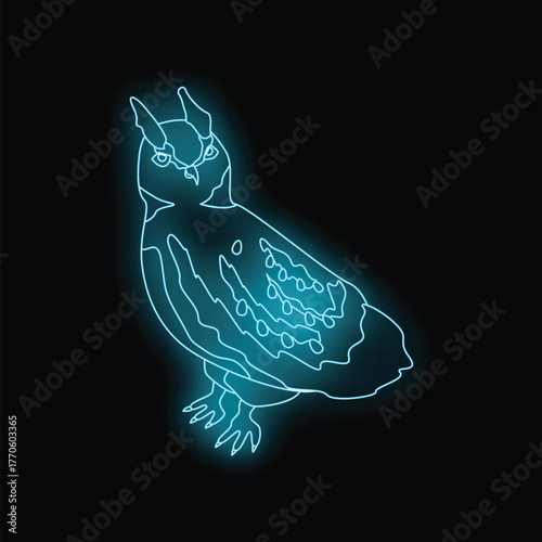 Neon sign illustration of an owl standing with blue neon glow effect