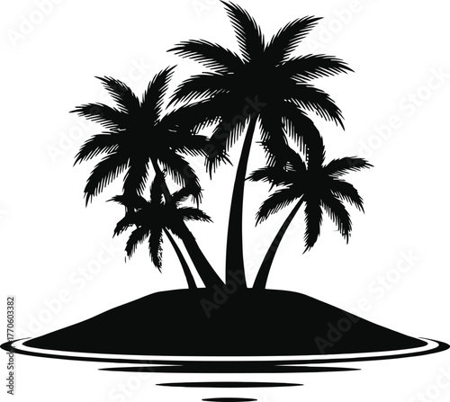 Serene tropical island with a solitary palm tree silhouetted against a vibrant orange sunset sky over calm ocean waters