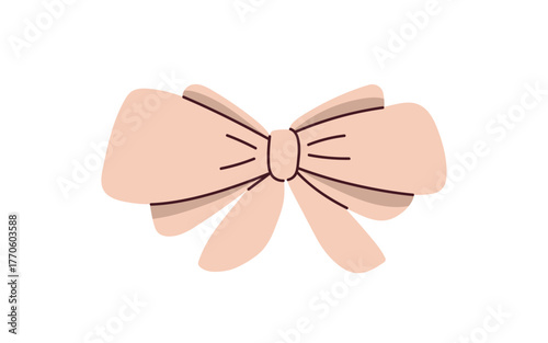 Ribbon bow, holiday decorative knot. Festive tape decor with node and folds. Elegant beautiful decoration, design element for gift, surprise. Flat vector illustration isolated on white background.