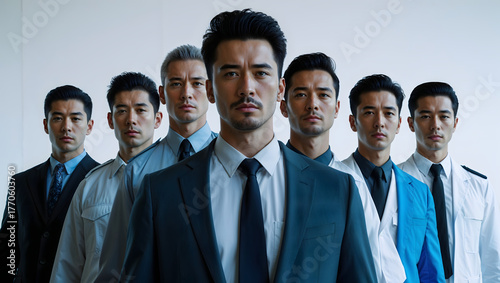 Diverse professional men in uniforms and suits, unique features, varied skin tones, high-contrast lighting, clean white background, visually engaging composition generative AI