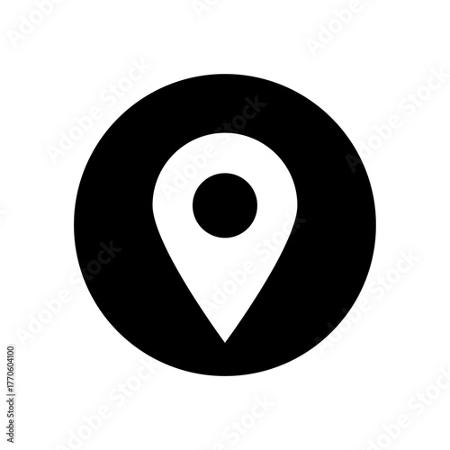 Black circular vector map pin icon representing GPS location, navigation, direction, travel destination, mapping services, and pointer symbol.