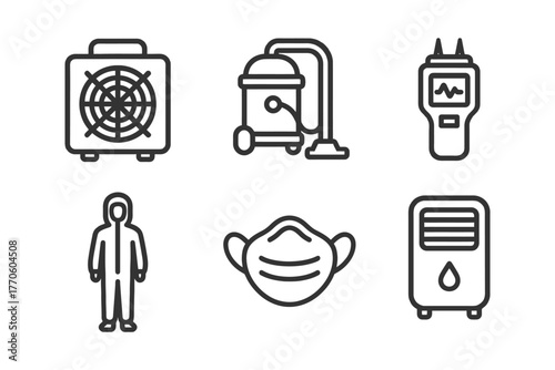 Vector icons of cleaning and safety equipment: fan, vacuum, multimeter, suit, mask, dehumidifier.