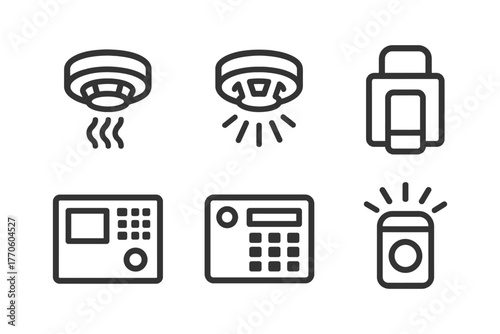 Security and alarm system icons: smoke detectors, keypads, sensors.