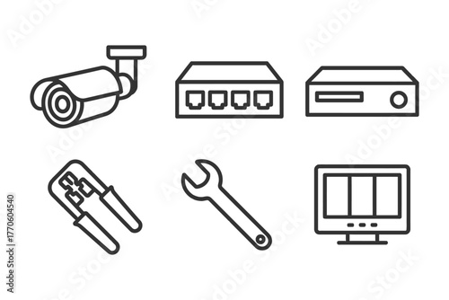 Surveillance equipment and tools: cctv, network hub, dvr, crimping tool, wrench, monitor.