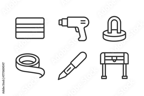 Icon set of tools including drill, magnet, tape, knife, saw set, and sanding block.