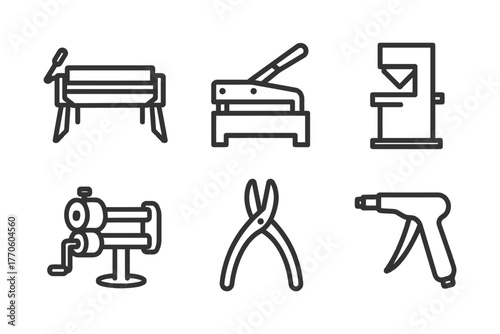 Set of industrial tool icons: bench, press, shear, roller, pliers, drill.