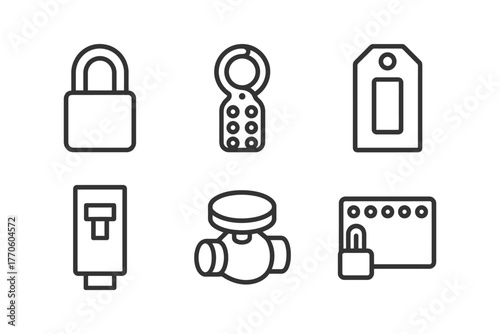 Minimalist security symbols set with lock, keypad, tag, fuse, valve, card.