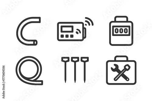 Plumbing and repair tools icons: pipe roll, meter, toolbox, hose, nails.