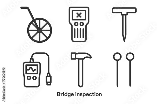 Bridge inspection tools: measuring wheel, detector, tester, hammer, pins, probe.