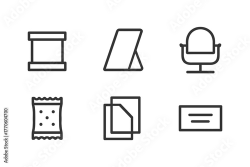 Minimalist office icons: chair, documents, stand, snack, tape.