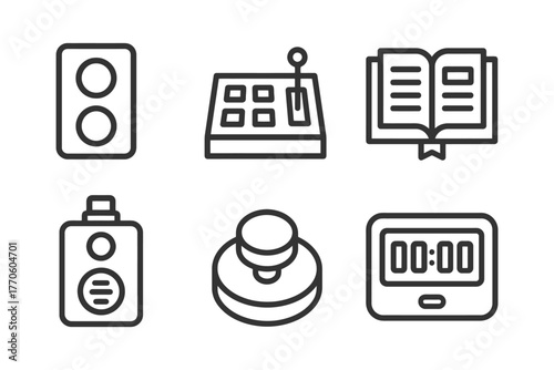 Set of vector icons: control panel, book, and devices in simple design.