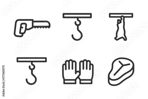 Meat processing icons set: saw, hooks, gloves, meat cut, carcass hanging.