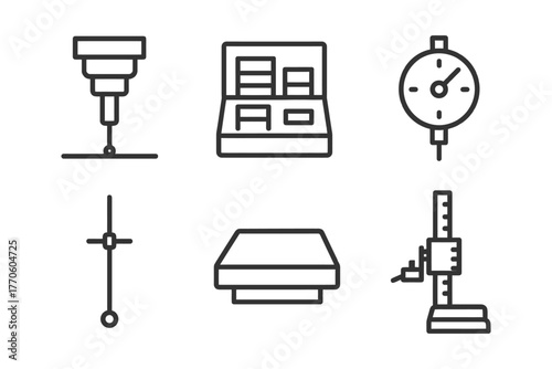 Collection of technical tool icons including caliper, cnc machine, and gauge symbols.