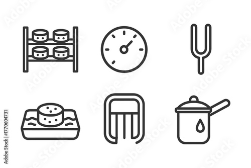 Cheese production icons: storage, time, tuning, texture, cutting, cooking.