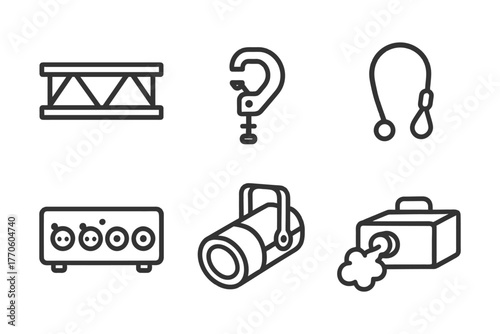 Set of line icons: truss, clamp, safety lock, stage box, spotlight, fog machine.