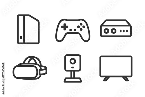 Line art icons of gaming console, controller, vr headset, projector, and tv.