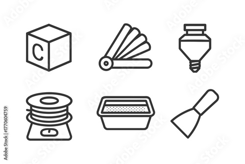3d printing icons: cube, pantone guide, nozzle, filament, resin tray, spatula.