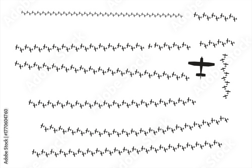 The image shows a large formation of small, dark aircraft arranged in rows on a white background. A single, larger aircraft is positioned to the right of these formations, appearing to fly towards 